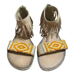Dirty Laundry Tan and Orange Beaded Sandals with Fringe 6.5 Masks